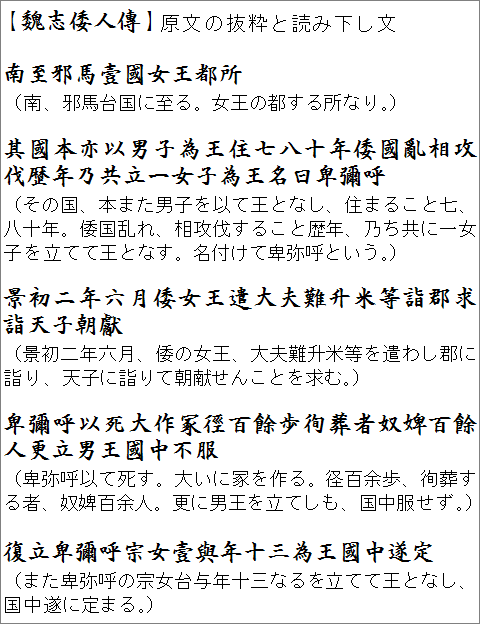 魏志倭人伝の卑弥呼に関する記事